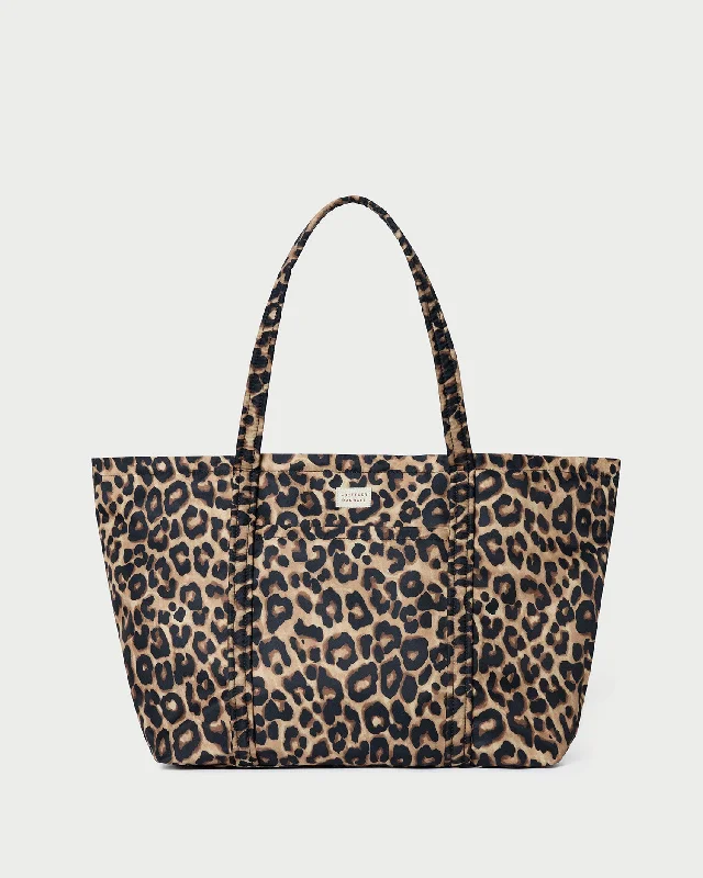 Handle bags with wide openings for access -Dina Leopard Travel Tote