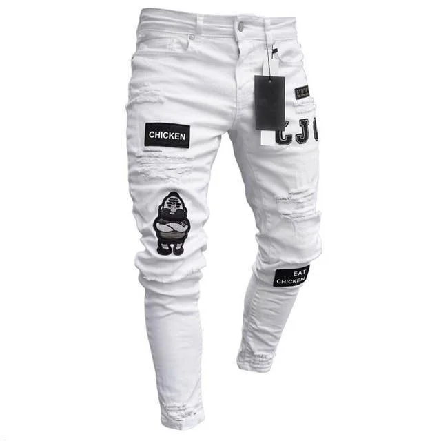 Skinny Jeans for Slim Fit -3 Styles Men's Stretchy Ripped Skinny Biker Embroidery Print Slim Jeans