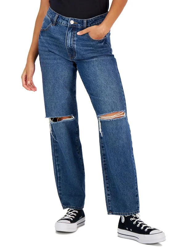 Leather Trim Jeans for Luxury -Womens Mid Rise Medium Wash Straight Leg Jeans