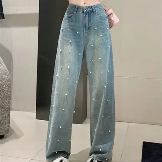 Bermuda Shorts Jeans for Modesty -Pearl Straight Jeans High Waist Slim-fit Wide-leg Pants Women