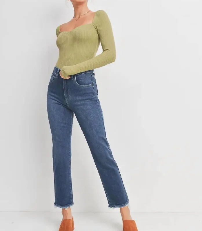 Pleated tight trousers for women with vintage-inspired design and modern twist -Straight With Pocket And Hem Bust In Dark Denim