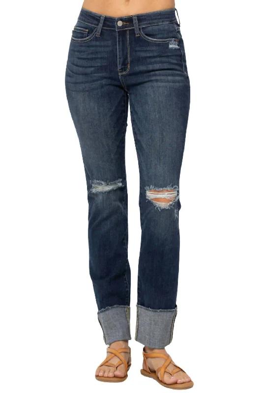 Studded Jeans for Punk -Destroyed Cuffed Straight Leg Jeans In Blue