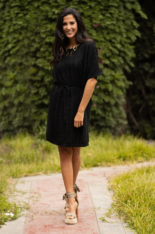 One-piece Dress for Formal Occasion -Thalu in Black Cotton Knitted Belted T-Shirt Dress in Black from Peru