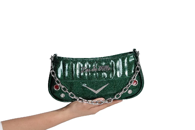 Handle bags with subtle embroidery for detail -Venus Green Sparkle Hotrod Tiny Tote