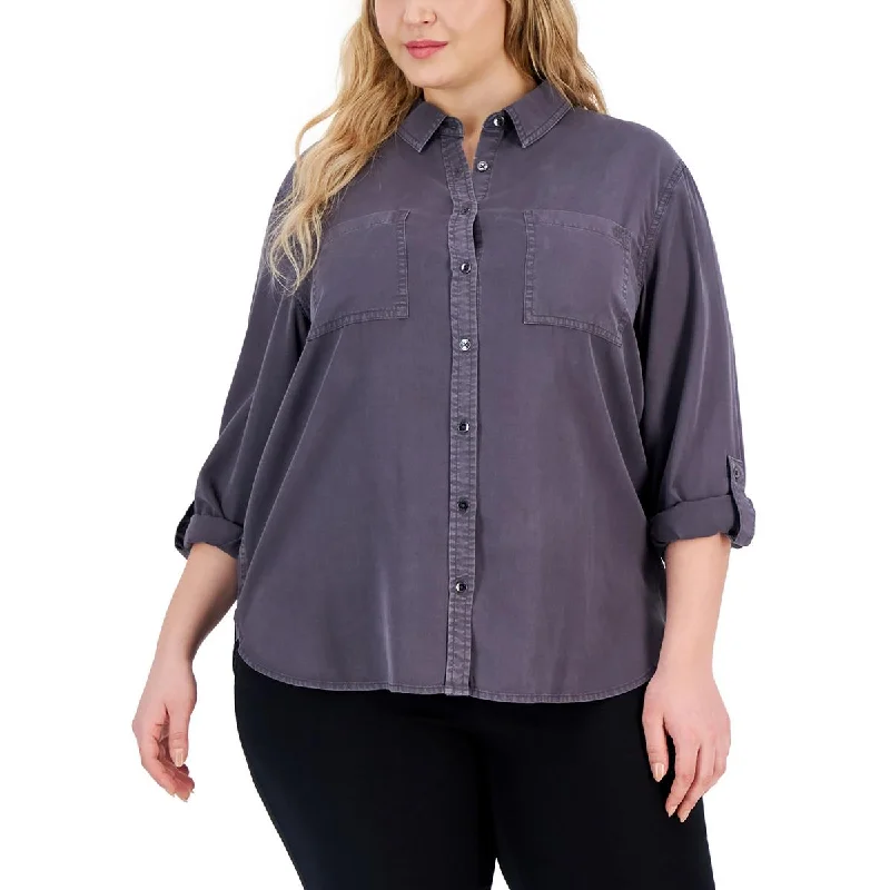 Button Fly Jeans for Traditional -Calvin Klein Jeans Womens Plus Tencel Collared Button-Down Top