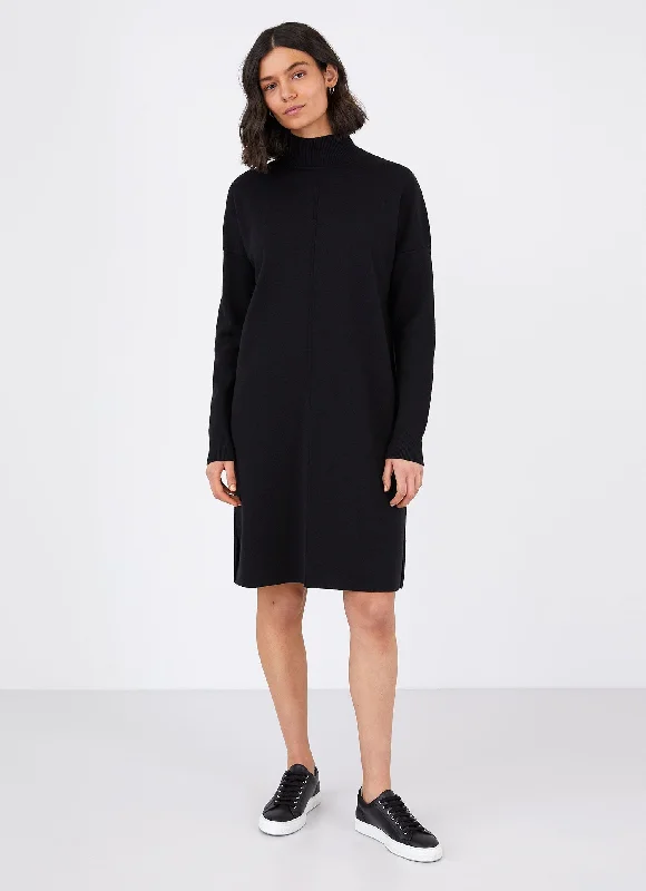 Sheath One-piece Dress for Sophistication -Women's Merino Funnel Neck Dress in Black