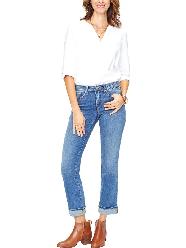 Low Waisted Jeans for Casual -Womens Denim Cuffed Hem Straight Leg Jeans