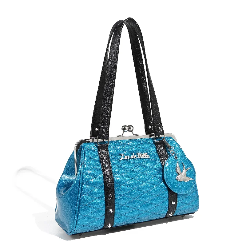 Handle bags with subtle embroidery for detail -Villain Blue Sparkle Love Bird Kiss Lock