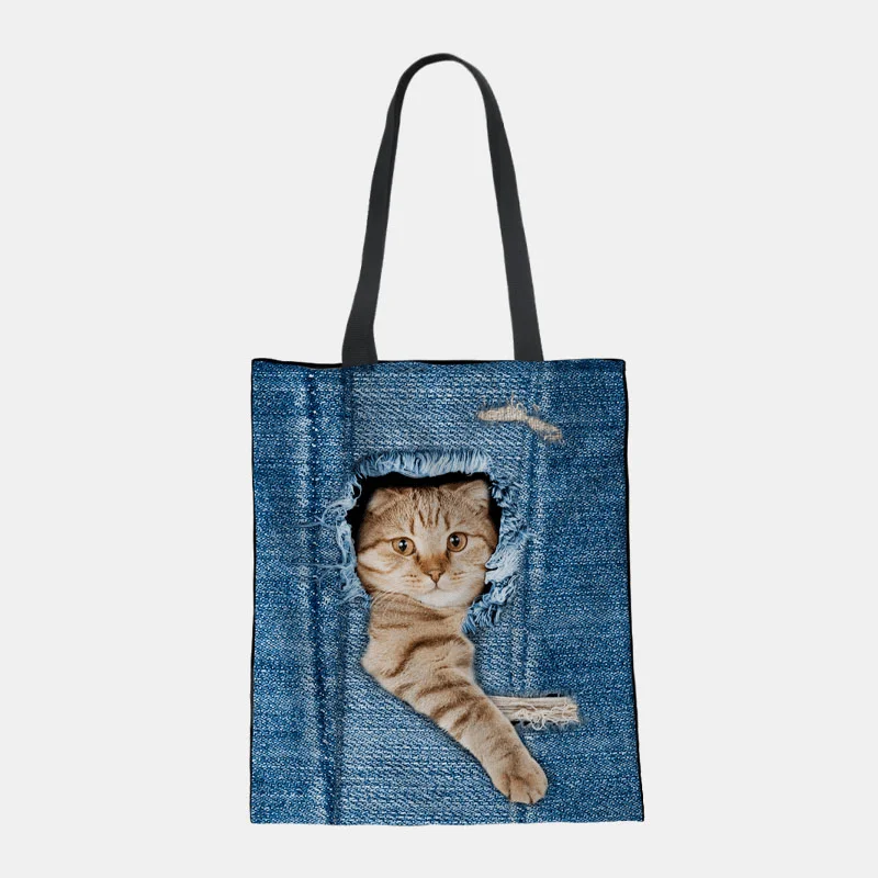 Handle bags with elegant gold-tone hardware -Women Canvas Breaking Hole Denim 3D Cute Cat Dog Pattern Casual Outdoor Handbag Shoulder Bag Tote